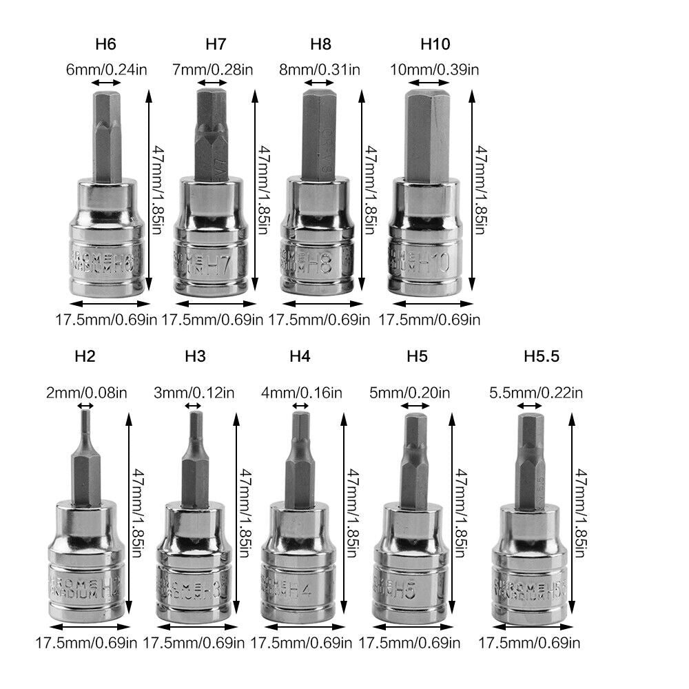 A set of eight chrome vanadium steel hex key sockets of varying sizes. Four of the bits are upright, while the other four are laid out horizontally in front of them. Each 3/8" drive bit features a shiny finish and a hexagonal shape at the tip, designed for use with a socket wrench is part of the 9pcs Allen Key Sockets Hex Bit Socket Set 3/8" Drive Drill Metric Tools 2-10mm.