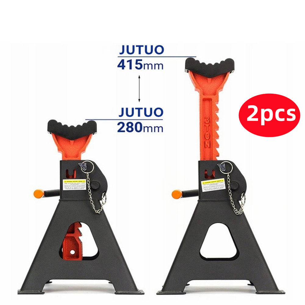 Two black and orange adjustable, heavy-duty steel jack stands with heights labeled as 415mm and 280mm. Each stand has a triangular base, a red support post with a self-locking ratchet mechanism, and a locking pin. A red "2pcs" label indicates the package contains two stands. This product is called the **3T Car Adjustable Truck Jack Stand Ratchet Floor Lifting Hoist Heavy Duty Steel**.