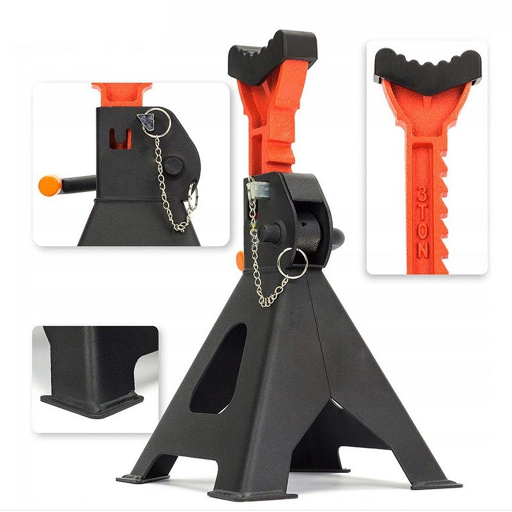 Two black and orange adjustable, heavy-duty steel jack stands with heights labeled as 415mm and 280mm. Each stand has a triangular base, a red support post with a self-locking ratchet mechanism, and a locking pin. A red "2pcs" label indicates the package contains two stands. This product is called the **3T Car Adjustable Truck Jack Stand Ratchet Floor Lifting Hoist Heavy Duty Steel**.