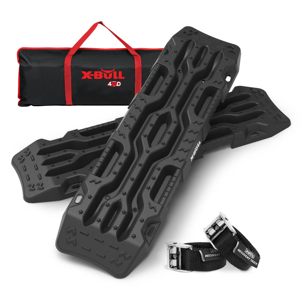 A pair of X-BULL Recovery Tracks Boards 12T Sand Snow Mud tracks 2PCS 4WD 4X4 Car Truck New with rugged grooves and handles for vehicle recovery. They are accompanied by two black straps with metal buckles and a black carrying bag with red handles and the text "X-BULL 4WD" written on it, perfect for off-road adventures.