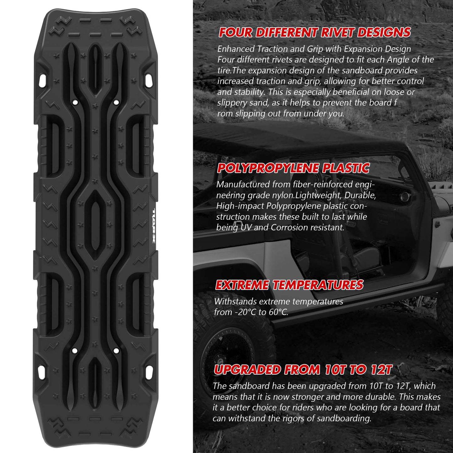 A pair of X-BULL Recovery Tracks Boards 12T Sand Snow Mud tracks 2PCS 4WD 4X4 Car Truck New with rugged grooves and handles for vehicle recovery. They are accompanied by two black straps with metal buckles and a black carrying bag with red handles and the text "X-BULL 4WD" written on it, perfect for off-road adventures.