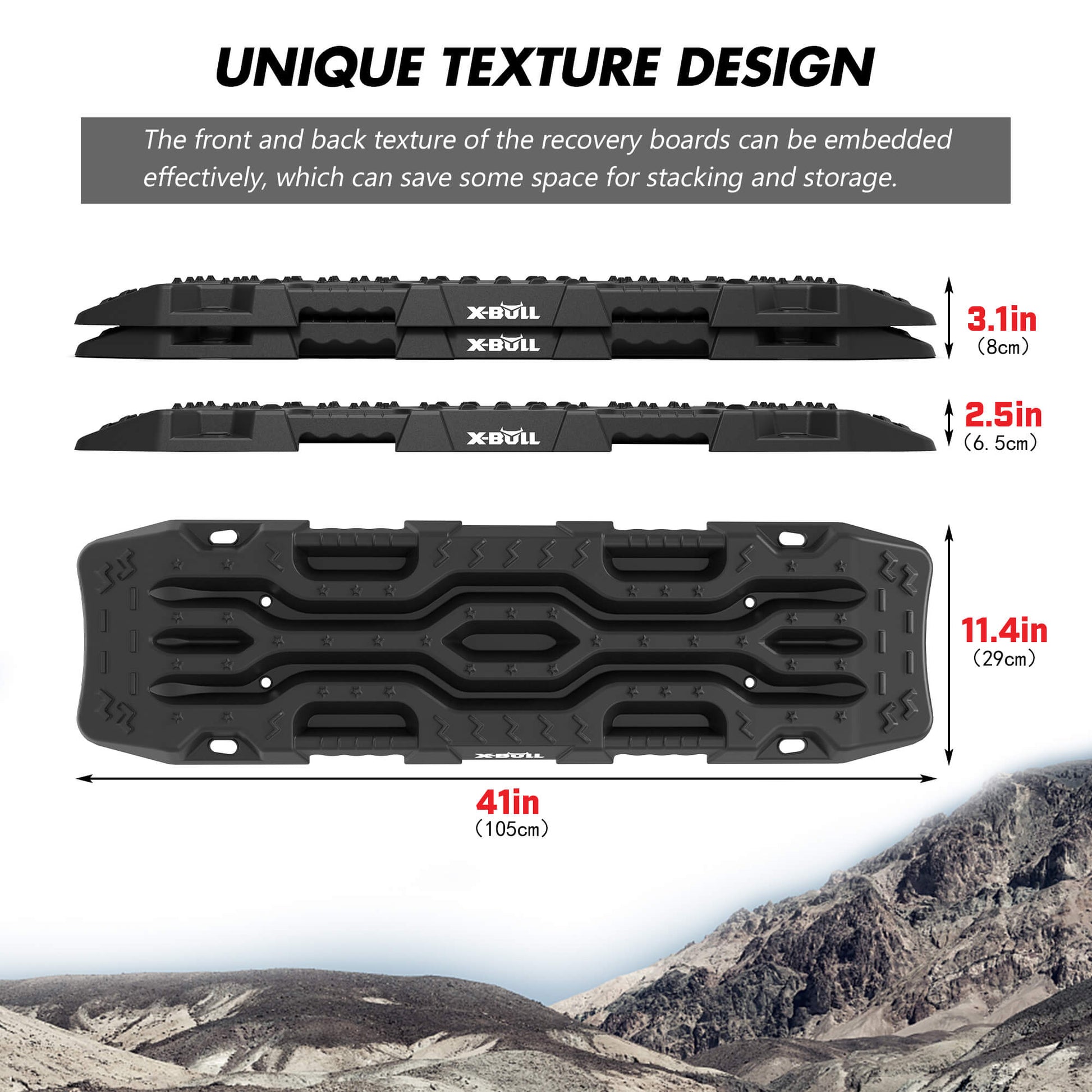 A pair of X-BULL Recovery Tracks Boards 12T Sand Snow Mud tracks 2PCS 4WD 4X4 Car Truck New with rugged grooves and handles for vehicle recovery. They are accompanied by two black straps with metal buckles and a black carrying bag with red handles and the text "X-BULL 4WD" written on it, perfect for off-road adventures.