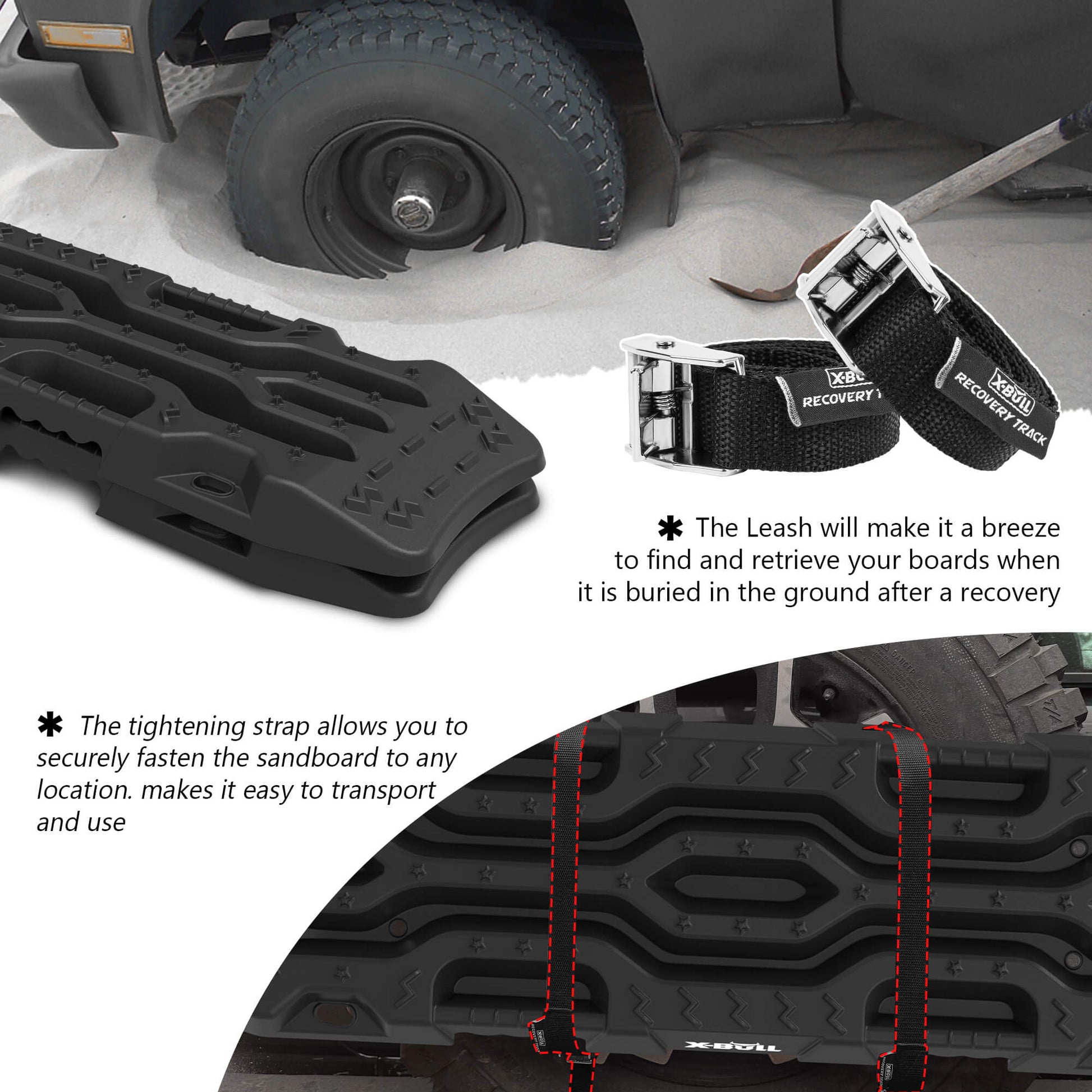 A pair of X-BULL Recovery Tracks Boards 12T Sand Snow Mud tracks 2PCS 4WD 4X4 Car Truck New with rugged grooves and handles for vehicle recovery. They are accompanied by two black straps with metal buckles and a black carrying bag with red handles and the text "X-BULL 4WD" written on it, perfect for off-road adventures.