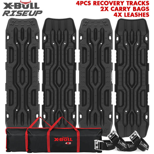 An image displaying four black X-BULL Recovery Tracks Boards 4PCS 12T Sand Snow Mud tracks 4WD Car Truck RISEUP with textured surfaces, arranged vertically. Below the tracks are two black carry bags with red accents and the X-BULL 4x4 logo, along with four leashes with metal clips. Text reads "4PCS RECOVERY TRACKS 2X CARRY BAGS 4X LEASHES".