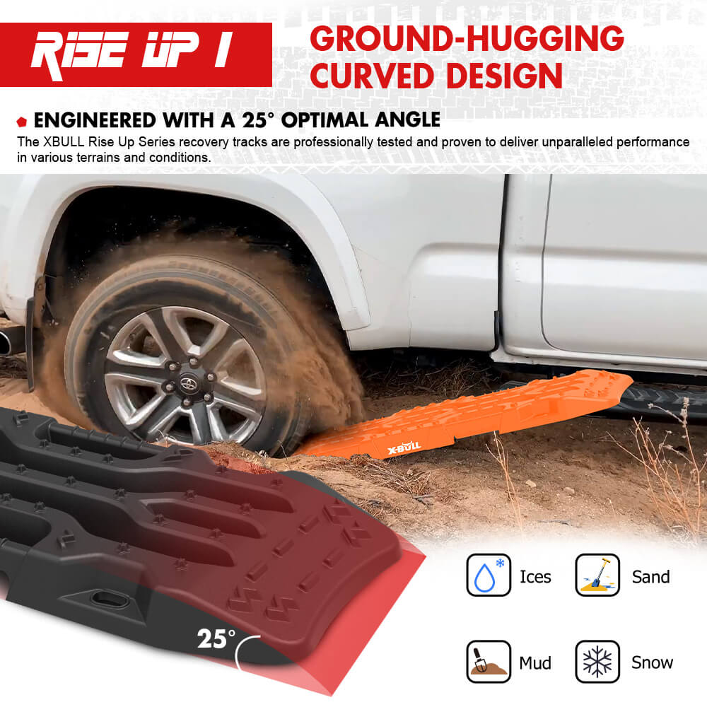 An image displaying four black X-BULL Recovery Tracks Boards 4PCS 12T Sand Snow Mud tracks 4WD Car Truck RISEUP with textured surfaces, arranged vertically. Below the tracks are two black carry bags with red accents and the X-BULL 4x4 logo, along with four leashes with metal clips. Text reads "4PCS RECOVERY TRACKS 2X CARRY BAGS 4X LEASHES".