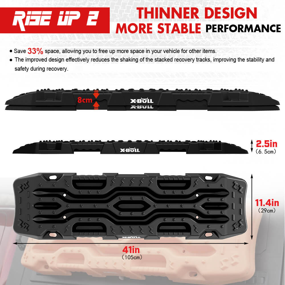 An image displaying four black X-BULL Recovery Tracks Boards 4PCS 12T Sand Snow Mud tracks 4WD Car Truck RISEUP with textured surfaces, arranged vertically. Below the tracks are two black carry bags with red accents and the X-BULL 4x4 logo, along with four leashes with metal clips. Text reads "4PCS RECOVERY TRACKS 2X CARRY BAGS 4X LEASHES".