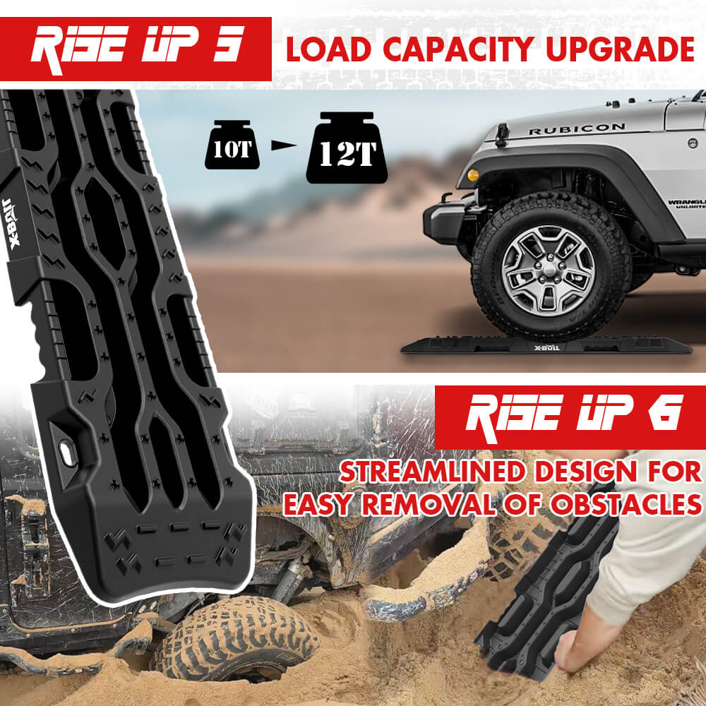 An image displaying four black X-BULL Recovery Tracks Boards 4PCS 12T Sand Snow Mud tracks 4WD Car Truck RISEUP with textured surfaces, arranged vertically. Below the tracks are two black carry bags with red accents and the X-BULL 4x4 logo, along with four leashes with metal clips. Text reads "4PCS RECOVERY TRACKS 2X CARRY BAGS 4X LEASHES".