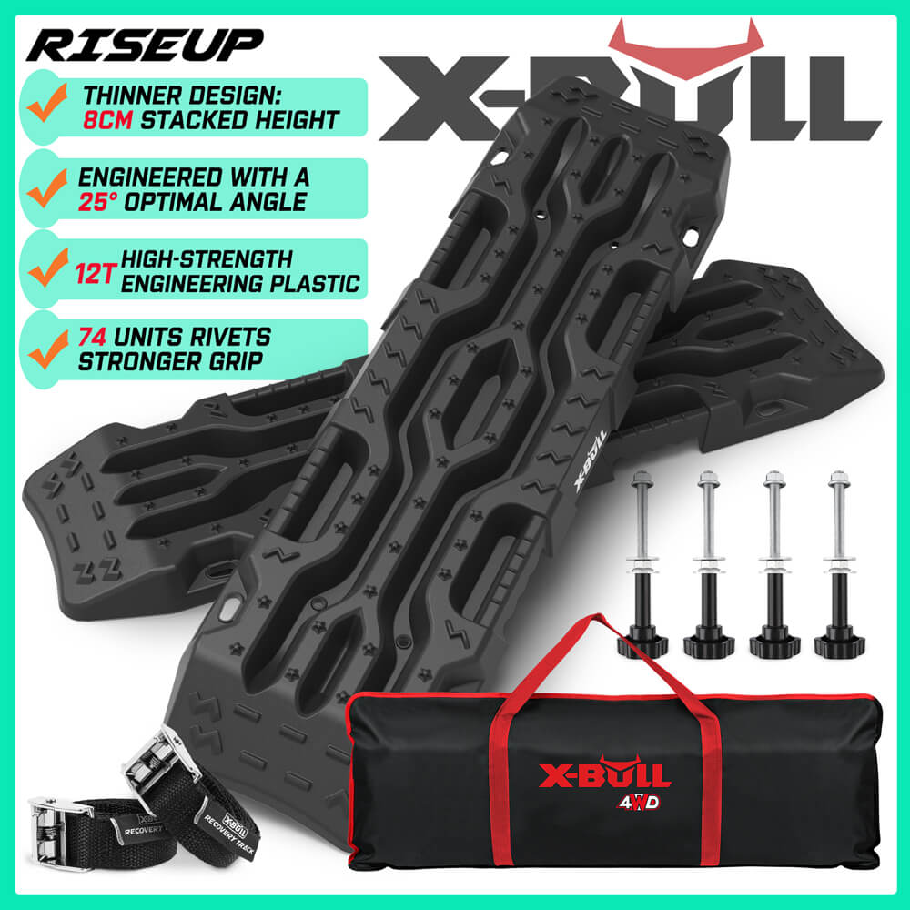 Promotional image for X-BULL 4X4 Recovery Tracks Boards 2PCS 12T Sand Snow Mud tracks With Mounting pins Bolts featuring two black recovery tracks with a rugged design and multiple bolts, a carrying bag, and securing straps. Key features highlighted include 8cm height, 25° optimal angle, high-strength plastic, and 74-unit rivet design for stronger grip.