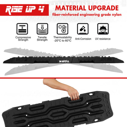 Promotional image for X-BULL 4X4 Recovery Tracks Boards 2PCS 12T Sand Snow Mud tracks With Mounting pins Bolts featuring two black recovery tracks with a rugged design and multiple bolts, a carrying bag, and securing straps. Key features highlighted include 8cm height, 25° optimal angle, high-strength plastic, and 74-unit rivet design for stronger grip.