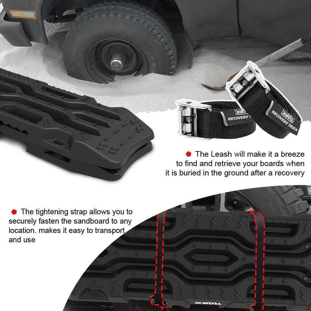 Promotional image for X-BULL 4X4 Recovery Tracks Boards 2PCS 12T Sand Snow Mud tracks With Mounting pins Bolts featuring two black recovery tracks with a rugged design and multiple bolts, a carrying bag, and securing straps. Key features highlighted include 8cm height, 25° optimal angle, high-strength plastic, and 74-unit rivet design for stronger grip.