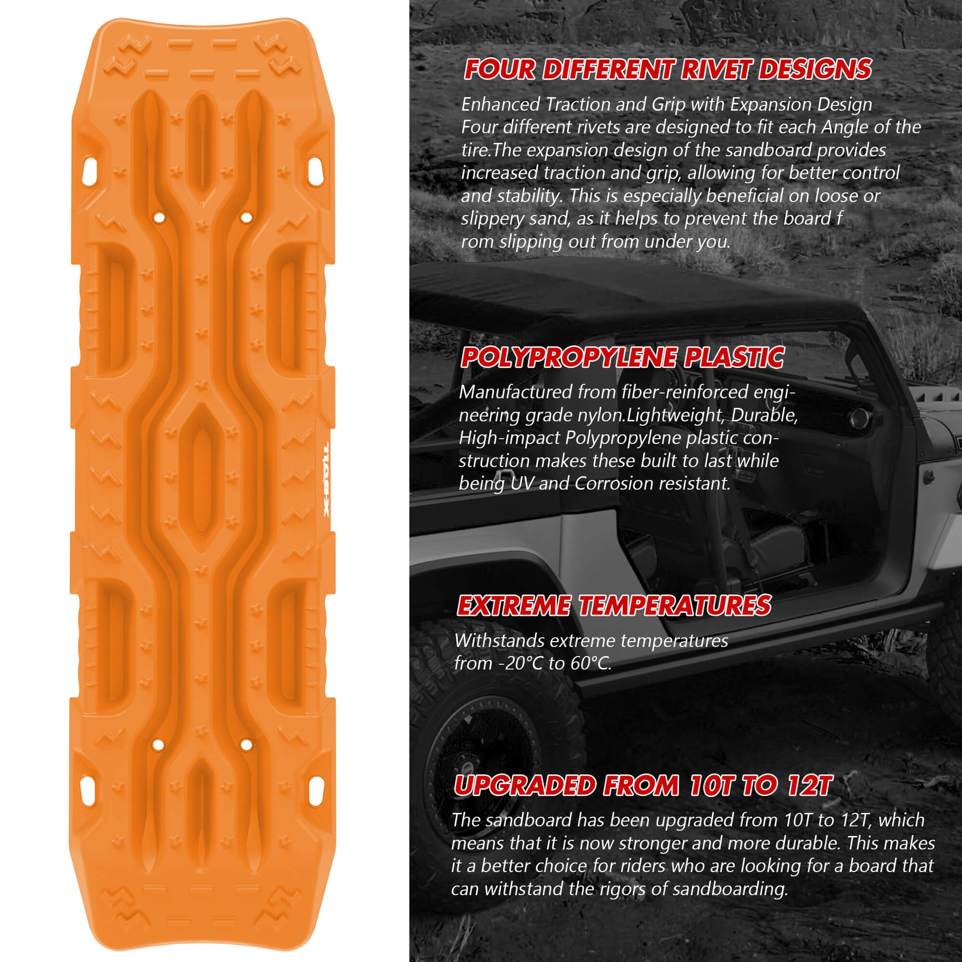 Two bright orange X-BULL 4X4 Recovery tracks Boards Sand tracks Snow Mud 2PCS 12T 4WD Car Truck New are stacked against each other, featuring rugged and textured surfaces for unparalleled grip. They are accompanied by two black straps with silver buckles labeled "RECOVERY." A black and red carrying bag with the "X-BULL 4WD" logo is seen in the background, ideal for off-road use.