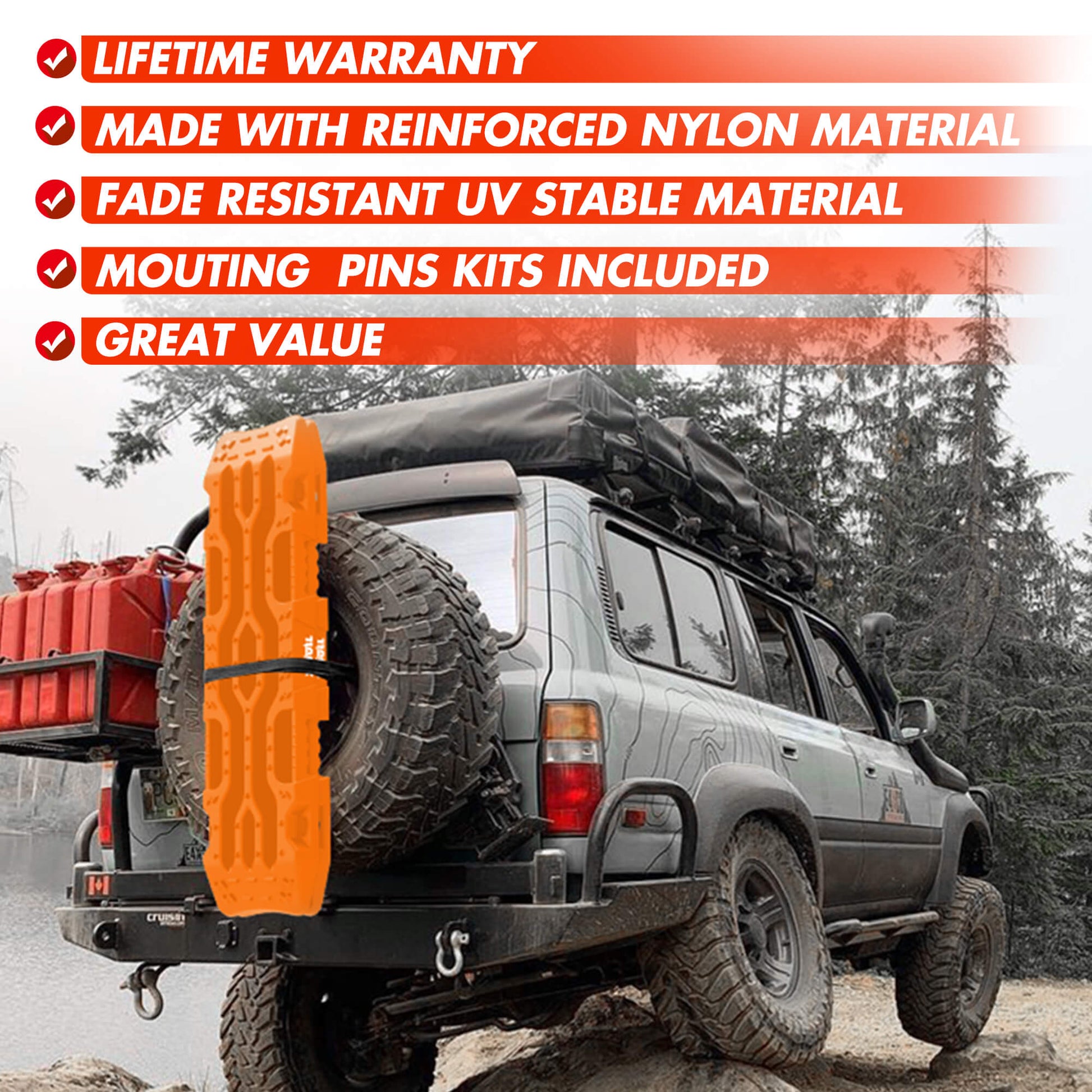 Two bright orange X-BULL 4X4 Recovery tracks Boards Sand tracks Snow Mud 2PCS 12T 4WD Car Truck New are stacked against each other, featuring rugged and textured surfaces for unparalleled grip. They are accompanied by two black straps with silver buckles labeled "RECOVERY." A black and red carrying bag with the "X-BULL 4WD" logo is seen in the background, ideal for off-road use.