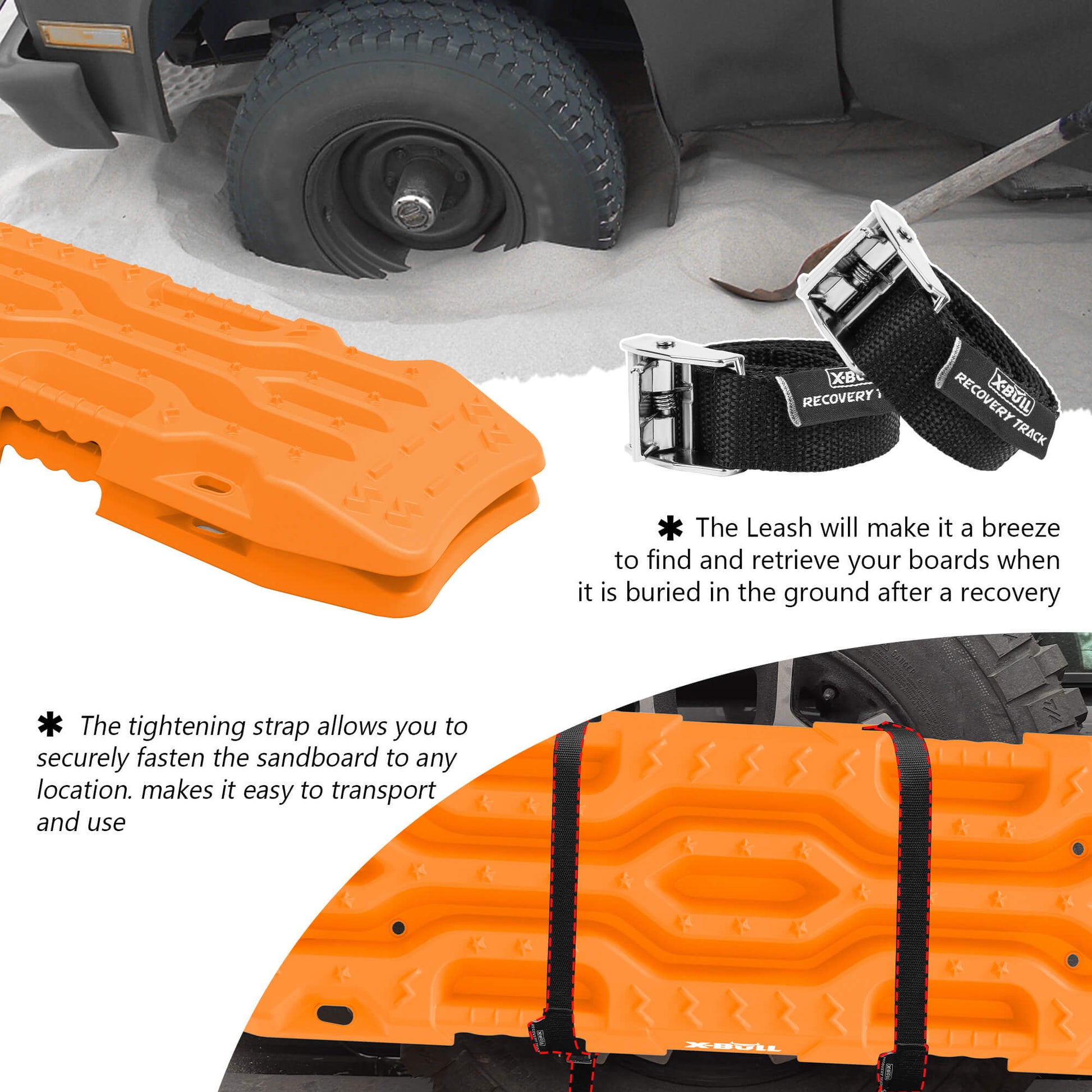 Two bright orange X-BULL 4X4 Recovery tracks Boards Sand tracks Snow Mud 2PCS 12T 4WD Car Truck New are stacked against each other, featuring rugged and textured surfaces for unparalleled grip. They are accompanied by two black straps with silver buckles labeled "RECOVERY." A black and red carrying bag with the "X-BULL 4WD" logo is seen in the background, ideal for off-road use.