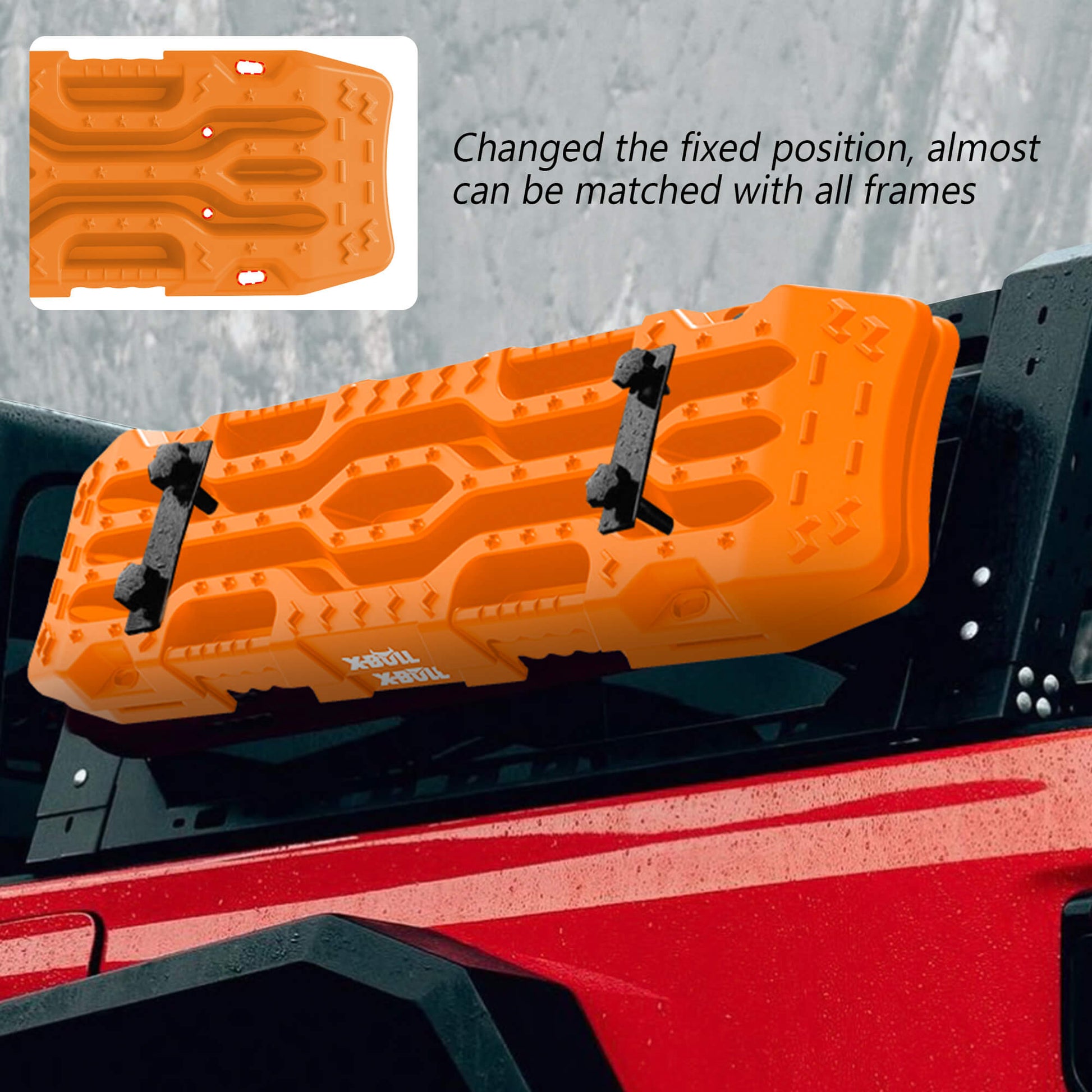 Two bright orange X-BULL 4X4 Recovery tracks Boards Sand tracks Snow Mud 2PCS 12T 4WD Car Truck New are stacked against each other, featuring rugged and textured surfaces for unparalleled grip. They are accompanied by two black straps with silver buckles labeled "RECOVERY." A black and red carrying bag with the "X-BULL 4WD" logo is seen in the background, ideal for off-road use.