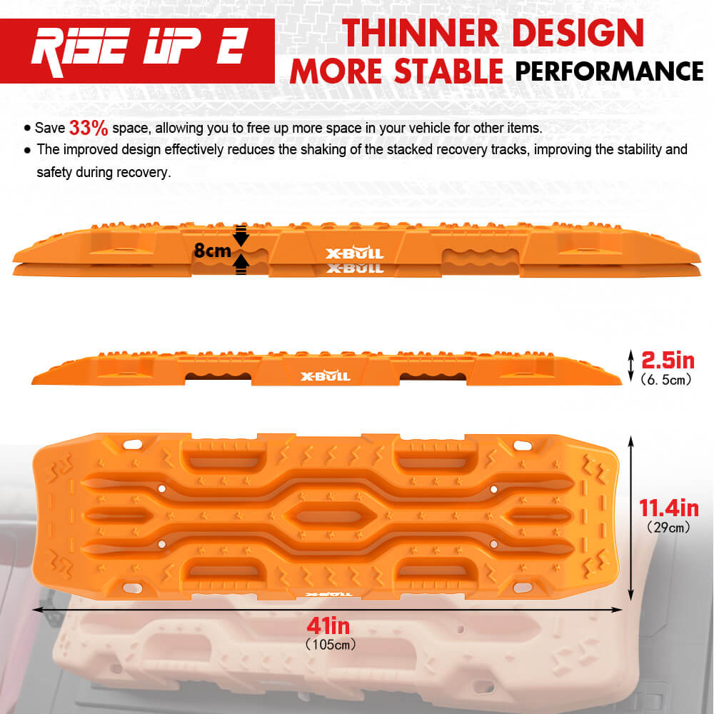 The image displays four orange X-BULL 4X4 Recovery Tracks Boards 4PCS Sand Mud Snow Tracks Car Truck 4WD RISEUP lined up vertically. At the bottom, there are two black carrying bags and four black leashes. The text at the top right reads, "4PCS RECOVERY TRACKS, 2X CARRY BAGS, 4X LEASHES." The X-BULL logo is shown top left.