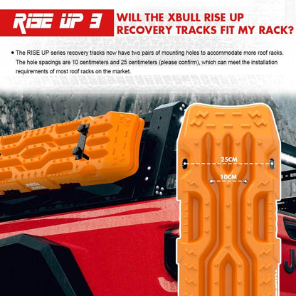 The image displays four orange X-BULL 4X4 Recovery Tracks Boards 4PCS Sand Mud Snow Tracks Car Truck 4WD RISEUP lined up vertically. At the bottom, there are two black carrying bags and four black leashes. The text at the top right reads, "4PCS RECOVERY TRACKS, 2X CARRY BAGS, 4X LEASHES." The X-BULL logo is shown top left.