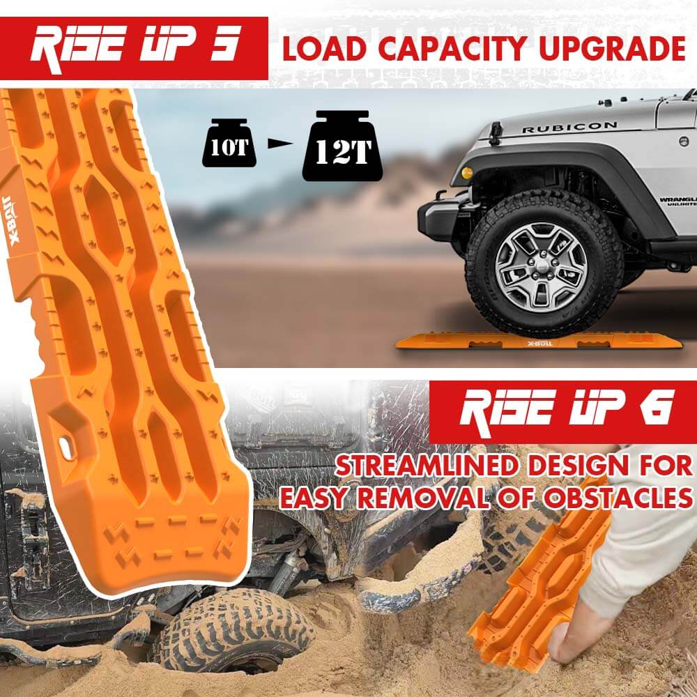 The image displays four orange X-BULL 4X4 Recovery Tracks Boards 4PCS Sand Mud Snow Tracks Car Truck 4WD RISEUP lined up vertically. At the bottom, there are two black carrying bags and four black leashes. The text at the top right reads, "4PCS RECOVERY TRACKS, 2X CARRY BAGS, 4X LEASHES." The X-BULL logo is shown top left.