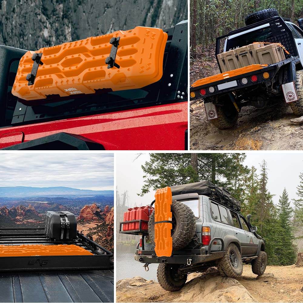 The image displays four orange X-BULL 4X4 Recovery Tracks Boards 4PCS Sand Mud Snow Tracks Car Truck 4WD RISEUP lined up vertically. At the bottom, there are two black carrying bags and four black leashes. The text at the top right reads, "4PCS RECOVERY TRACKS, 2X CARRY BAGS, 4X LEASHES." The X-BULL logo is shown top left.