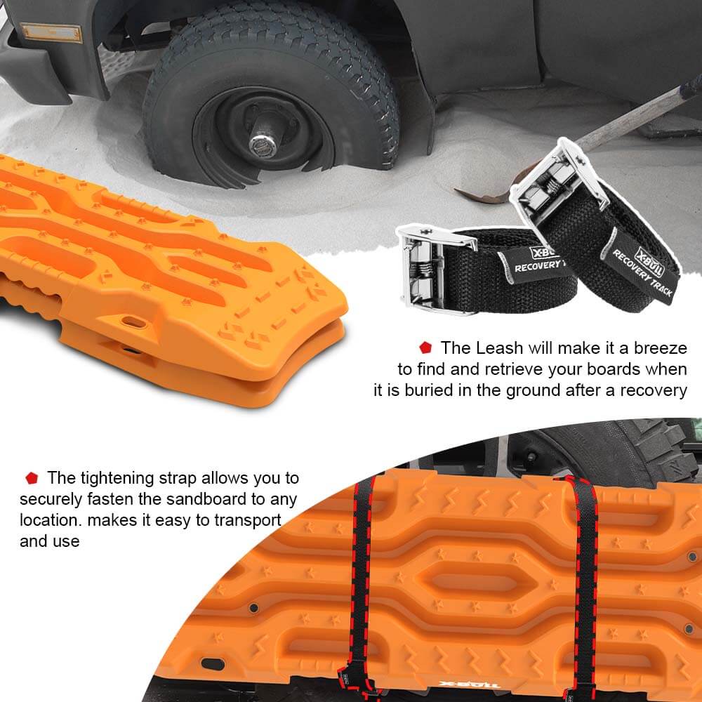 The image displays four orange X-BULL 4X4 Recovery Tracks Boards 4PCS Sand Mud Snow Tracks Car Truck 4WD RISEUP lined up vertically. At the bottom, there are two black carrying bags and four black leashes. The text at the top right reads, "4PCS RECOVERY TRACKS, 2X CARRY BAGS, 4X LEASHES." The X-BULL logo is shown top left.