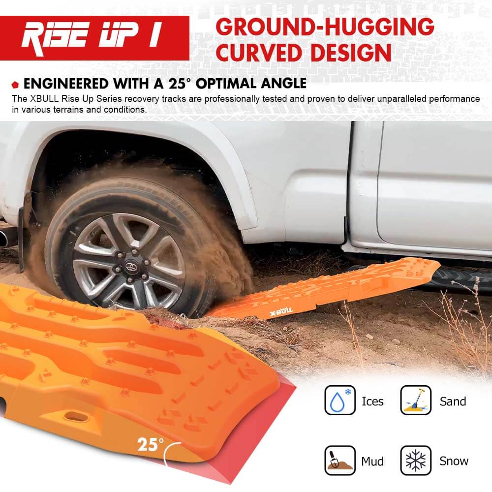 Image of X-BULL 4WD Recovery Tracks Boards 2PCS 12T Sand Snow Mud tracks With Mounting pins Bolts for vehicles against a white background. The tracks feature a high-strength engineering plastic and a zoned rivet design, coming with straps, bolts, and a black carrying case with red trim. Text highlights product features in green and red.