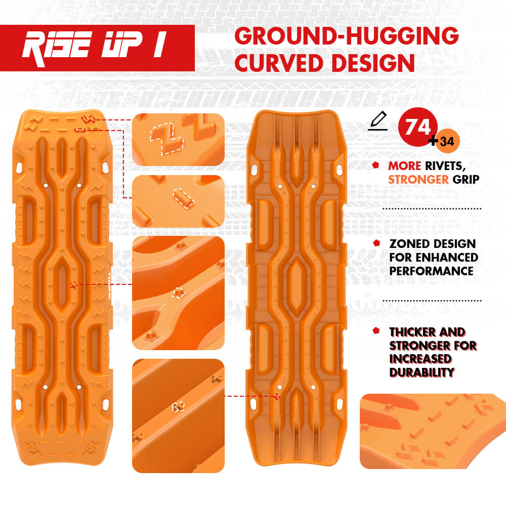 Image of X-BULL 4WD Recovery Tracks Boards 2PCS 12T Sand Snow Mud tracks With Mounting pins Bolts for vehicles against a white background. The tracks feature a high-strength engineering plastic and a zoned rivet design, coming with straps, bolts, and a black carrying case with red trim. Text highlights product features in green and red.