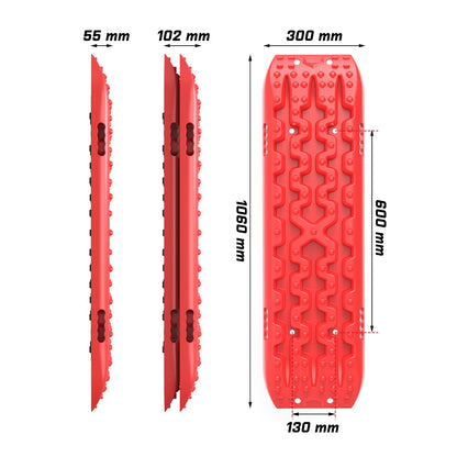 The red traction board from X-BULL 4WD Recovery Tracks Boards Sand Truck Mud Gen3.0/ Tyre Tire Deflator features detailed dimensions: length 1060mm, width 300mm, thickness 55mm, and stud height 102mm with a handle thickness of 130mm. Made from a durable nylon mixture, it has a rugged, serrated surface with integrated handles and multiple openings.