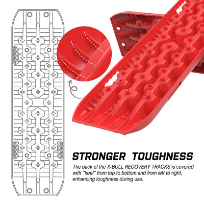 The red traction board from X-BULL 4WD Recovery Tracks Boards Sand Truck Mud Gen3.0/ Tyre Tire Deflator features detailed dimensions: length 1060mm, width 300mm, thickness 55mm, and stud height 102mm with a handle thickness of 130mm. Made from a durable nylon mixture, it has a rugged, serrated surface with integrated handles and multiple openings.