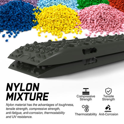 A variety of colored granules are arranged in a semi-circle at the top of the image, representing different nylon material mixtures. Below, two black 3D-printed samples with a textured surface are stacked. Text highlights the benefits of nylon material used in X-BULL Recovery Tracks Boards 4x4 4WD 10T 2PCS Offroad Vehicle Sand Mud Gen3.0 Olive, such as toughness and UV resistance.