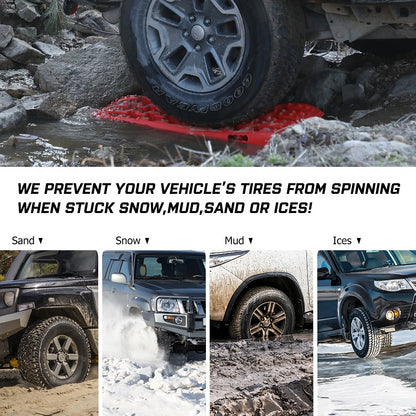 A variety of colored granules are arranged in a semi-circle at the top of the image, representing different nylon material mixtures. Below, two black 3D-printed samples with a textured surface are stacked. Text highlights the benefits of nylon material used in X-BULL Recovery Tracks Boards 4x4 4WD 10T 2PCS Offroad Vehicle Sand Mud Gen3.0 Olive, such as toughness and UV resistance.