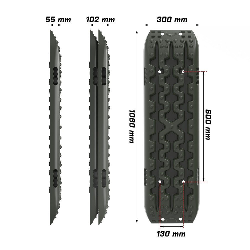 A variety of colored granules are arranged in a semi-circle at the top of the image, representing different nylon material mixtures. Below, two black 3D-printed samples with a textured surface are stacked. Text highlights the benefits of nylon material used in X-BULL Recovery Tracks Boards 4x4 4WD 10T 2PCS Offroad Vehicle Sand Mud Gen3.0 Olive, such as toughness and UV resistance.