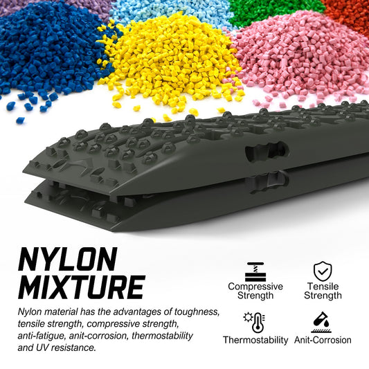 A visual presentation of nylon mixture, depicting color-coded nylon pellets in blue, yellow, green, red, and pink. In the foreground, molded nylon parts like X-BULL 4X4 Recovery Tracks Boards 4WD 10T 4PCS Offroad Vehicle Sand Mud Gen3.0 Olive with XBULL mounting pins are showcased. Text highlights the material's properties such as strength, anti-corrosion, and UV resistance.