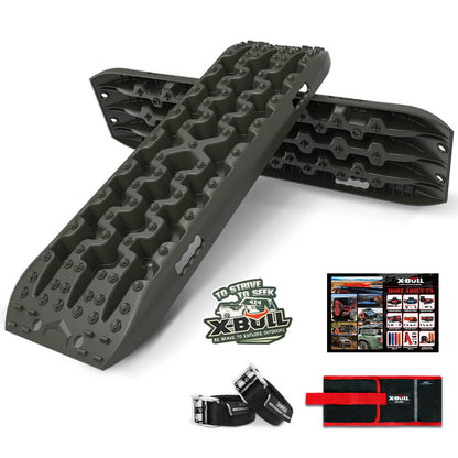 A pair of dark green X-BULL Recovery tracks kit Boards 4WD strap mounting 4x4 Sand Snow Car qrange GEN3.0 6pcs OLIVE with a rugged design is shown. Beside them are a carrying bag, two straps, and a booklet featuring off-road adventure tips and images.