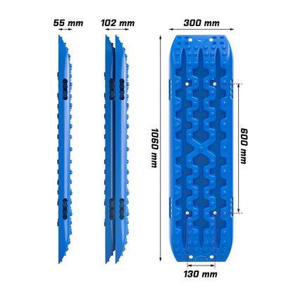 A pair of blue X-BULL Recovery tracks kit Boards 4WD strap mounting 4x4 Sand Snow Car qrange GEN3.0 6pcs blue with a unique U-shape design are shown crossed, accompanied by a black carrying bag, two black straps, and a red bag displayed below them. A brochure showcasing various products and the X-BULL logo are also included in the image.