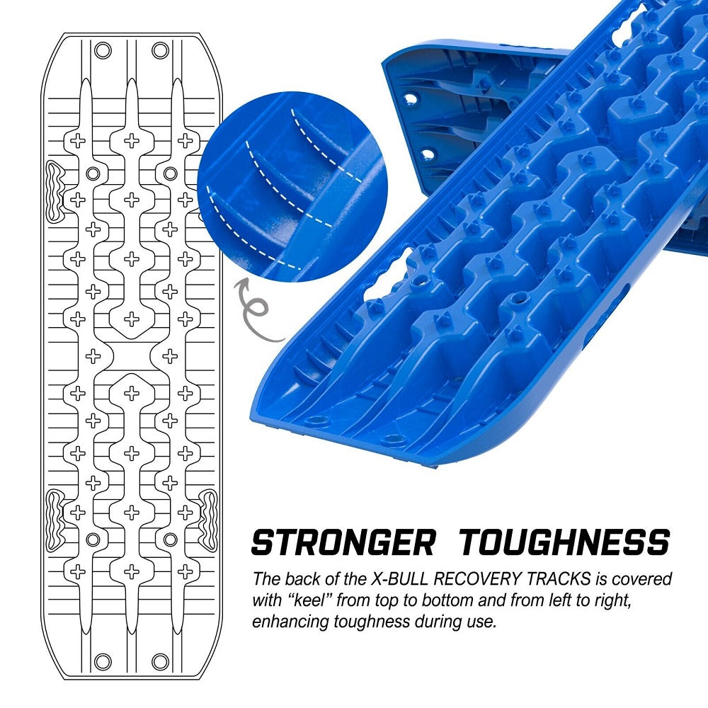 A pair of blue X-BULL Recovery tracks kit Boards 4WD strap mounting 4x4 Sand Snow Car qrange GEN3.0 6pcs blue with a unique U-shape design are shown crossed, accompanied by a black carrying bag, two black straps, and a red bag displayed below them. A brochure showcasing various products and the X-BULL logo are also included in the image.