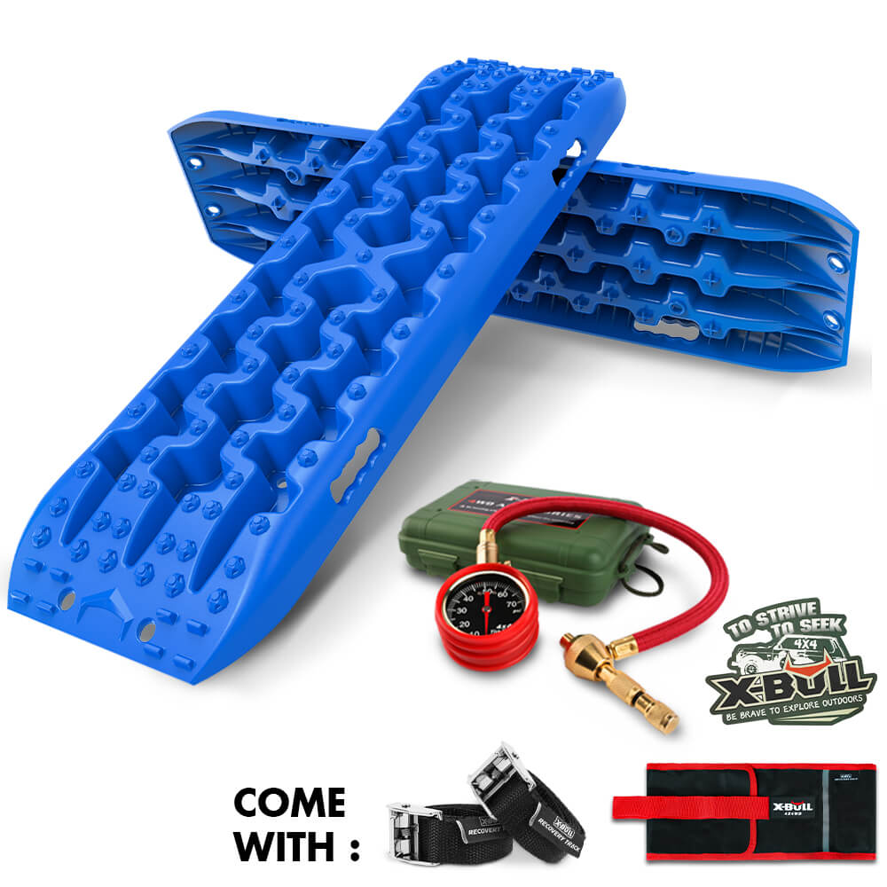 Image featuring an X-BULL Recovery Tracks Boards Sand Truck Mud 4WD 4x4 Gen3.0 Blue/ Tyre Tire Deflator, a green carrying case made from durable nylon material, a red tire deflator with gauge, an XBULL patch, and two adjustable towing straps. The text "COME WITH:" is shown above the accessories.