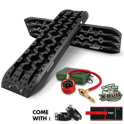 Image showing black X-BULL Recovery Tracks Boards Sand Truck Mud 4WD 4x4 Gen3.0 designed for off-road vehicle recovery. Included items are a green air compressor with a pressure gauge and hose, two black straps made of durable nylon material with metal buckles, and a pair of red and black carrying bags with the "X-Bull" logo.