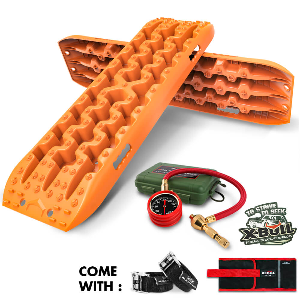 The image displays a pair of orange X-BULL Recovery Tracks Boards Sand Truck Mud 4WD 4x4 Gen3.0 Orange/ Tyre Tire Deflator arranged in an "X" shape. Accessories include black straps, a utility bag, a green storage box with a red air compressor gauge, and an "X-Bull" sticker. Made from durable nylon material, they also come with tyre deflators. Text: "COME WITH :" is in the bottom left.