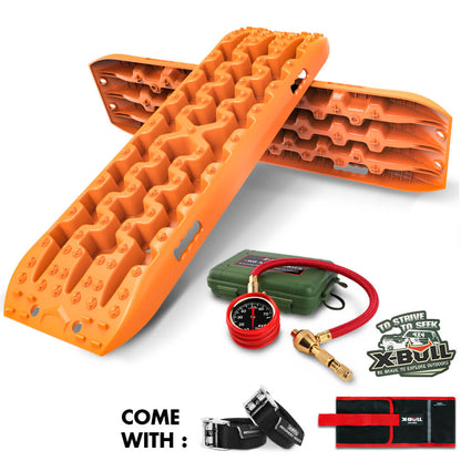 The image displays a pair of orange X-BULL Recovery Tracks Boards Sand Truck Mud 4WD 4x4 Gen3.0 Orange/ Tyre Tire Deflator arranged in an "X" shape. Accessories include black straps, a utility bag, a green storage box with a red air compressor gauge, and an "X-Bull" sticker. Made from durable nylon material, they also come with tyre deflators. Text: "COME WITH :" is in the bottom left.