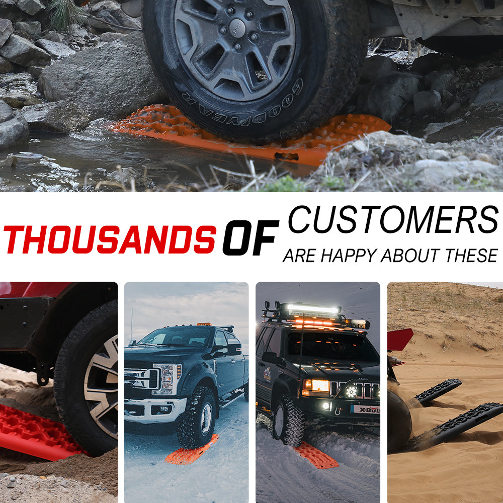 The image displays a pair of orange X-BULL Recovery Tracks Boards Sand Truck Mud 4WD 4x4 Gen3.0 Orange/ Tyre Tire Deflator arranged in an "X" shape. Accessories include black straps, a utility bag, a green storage box with a red air compressor gauge, and an "X-Bull" sticker. Made from durable nylon material, they also come with tyre deflators. Text: "COME WITH :" is in the bottom left.