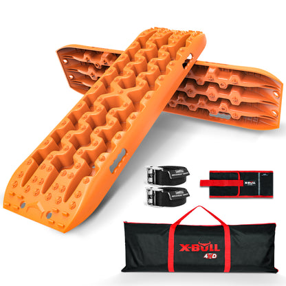 The image showcases two X-BULL 2PCS Recovery Tracks Boards Snow Mud Truck 4WD With Carry bag with a textured surface for off-road vehicle recovery. Made from durable nylon material, they feature a U-shape design. Accompanying them are two straps, a black and red carrying bag, and a red storage pouch labeled "X-BULL 4WD.