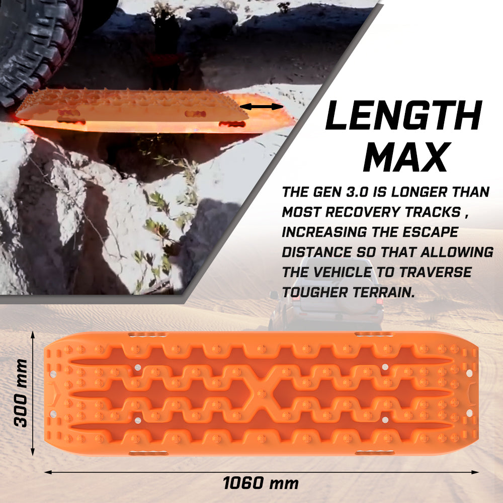 The image showcases two X-BULL 2PCS Recovery Tracks Boards Snow Mud Truck 4WD With Carry bag with a textured surface for off-road vehicle recovery. Made from durable nylon material, they feature a U-shape design. Accompanying them are two straps, a black and red carrying bag, and a red storage pouch labeled "X-BULL 4WD.