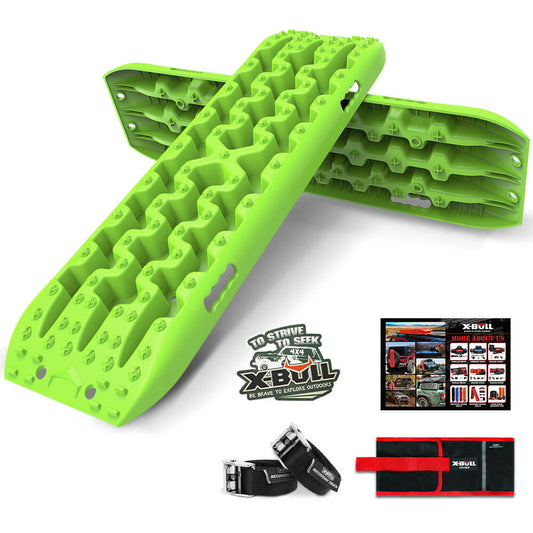 Green traction boards with a raised pattern design for off-road recovery, branded with "X-BULL Recovery tracks kit Boards Sand Mud Trucks 6pcs strap mounting 4x4 Sand Snow Car green GEN3.0." Made from durable nylon material, these GEN 3.0 recovery tracks come with a black strap, a red wrap, and an informational sheet featuring images and text about the product. The "X-BULL" logo is prominently displayed.