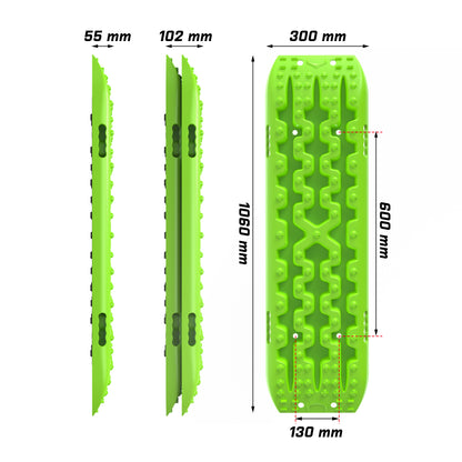 A set of X-BULL Hitch Receiver 5T Recovery Receiver With 2PCS Recovery tracks Boards Gen3.0 Green for off-road vehicles, arranged in an overlapping position. Accompanying accessories include two straps, a red and black carrying bag labeled "X-BULL 4WD," a mounting pin, a small black and red item, a wrench, and a high strength forged aluminum recovery hitch.