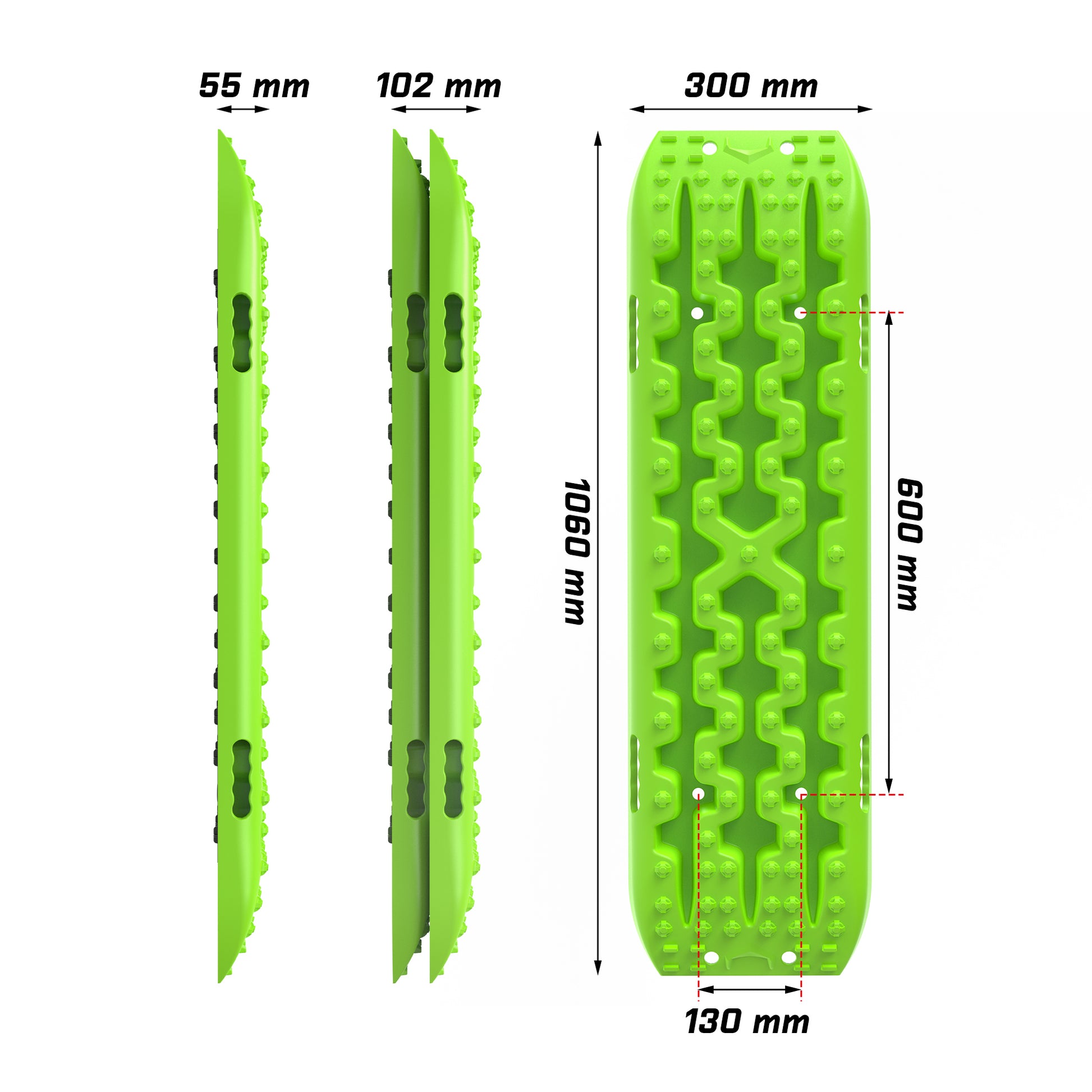 A set of X-BULL 2PCS Recovery Tracks Snow Mud Sand Truck With Carry bag Green is displayed. Crafted from durable nylon material, the package includes two U-shape design traction boards, two black straps with buckles, and a black storage bag with "X-BULL 4WD" printed in red and white.