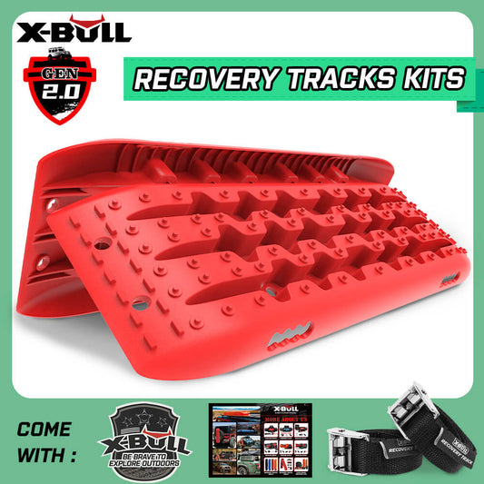 The image shows a promotional ad for X-BULL KIT1 Recovery track Board Traction Sand trucks strap mounting 4x4 Sand Snow Car RED. At the center, bright red recovery tracks with large studs for traction are displayed prominently. Made from a durable nylon mixture, the kit also includes additional components such as a carrying bag and mounting straps.