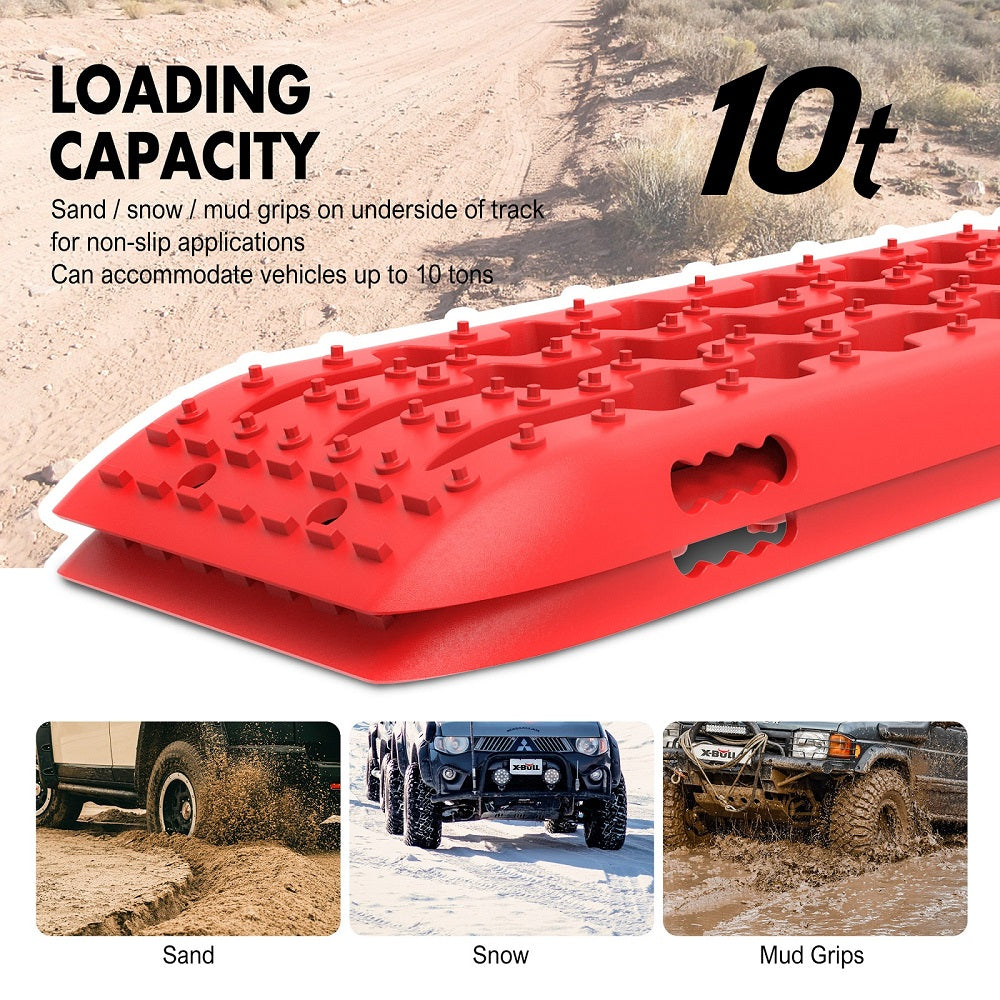 The image shows a promotional ad for X-BULL KIT1 Recovery track Board Traction Sand trucks strap mounting 4x4 Sand Snow Car RED. At the center, bright red recovery tracks with large studs for traction are displayed prominently. Made from a durable nylon mixture, the kit also includes additional components such as a carrying bag and mounting straps.