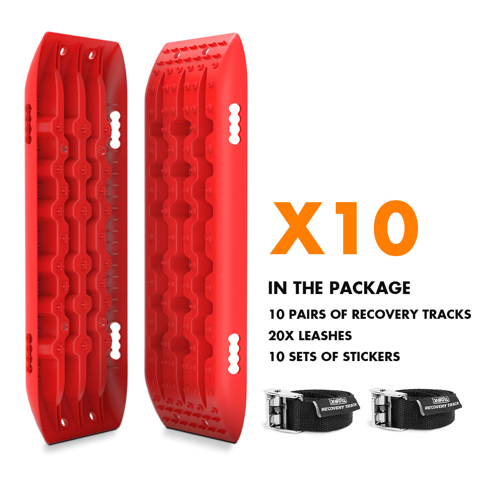 Image featuring 10 red X-BULL 10 Pairs Recovery tracks Boards 10T / Sand tracks/ Mud tracks Gen 2.0 Red with a durable nylon mixture for off-road vehicles, arranged vertically. The accessories included are 20 black leashes and 10 sets of black stickers with white text. Text reads: "X10 IN THE PACKAGE: 10 pairs of recovery tracks, 20x leashes, 10 sets of stickers.