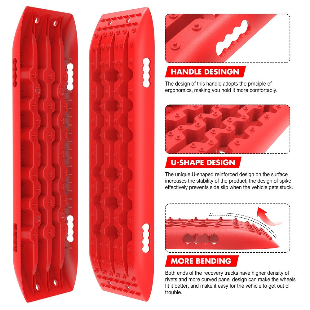 An image showcasing a red X-BULL Recovery Tracks Gen 2.0 10T Sand Mud Snow 2 Pairs Offroad 4WD 4x4 2PC 91CM Red made from a durable nylon mixture for vehicle traction on rough terrain. The multifunctional design features highlighted include an ergonomic handle, U-shape reinforcement for stability and anti-slip properties, and flexibility for a better fit on uneven surfaces.