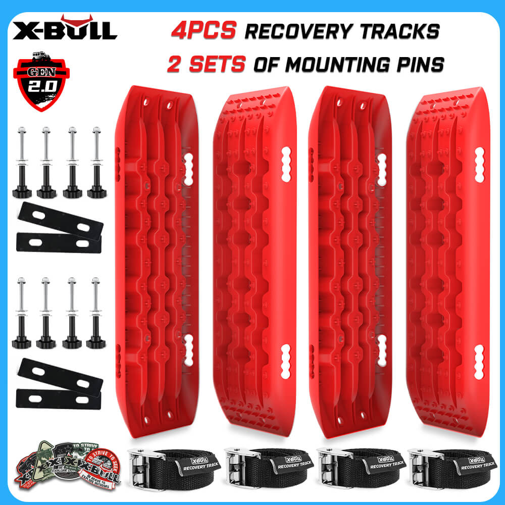 Image showing a set of X-BULL Recovery tracks 10T 2 Pairs/ Sand tracks/ Mud tracks/ Mounting Bolts Pins Gen 2.0 -Red and accessories made from a durable nylon mixture. There are 4 red recovery tracks with U-shape design, two sets of black mounting pins with bolts, black mounting brackets, and black straps. Text in the image reads "4PCS Recovery Tracks" and "2 Sets of Mounting Pins".