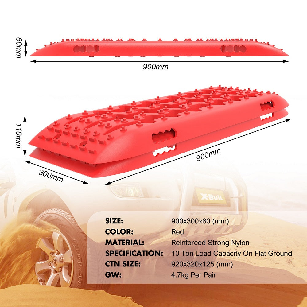 Image showing a set of X-BULL Recovery tracks 10T 2 Pairs/ Sand tracks/ Mud tracks/ Mounting Bolts Pins Gen 2.0 -Red and accessories made from a durable nylon mixture. There are 4 red recovery tracks with U-shape design, two sets of black mounting pins with bolts, black mounting brackets, and black straps. Text in the image reads "4PCS Recovery Tracks" and "2 Sets of Mounting Pins".